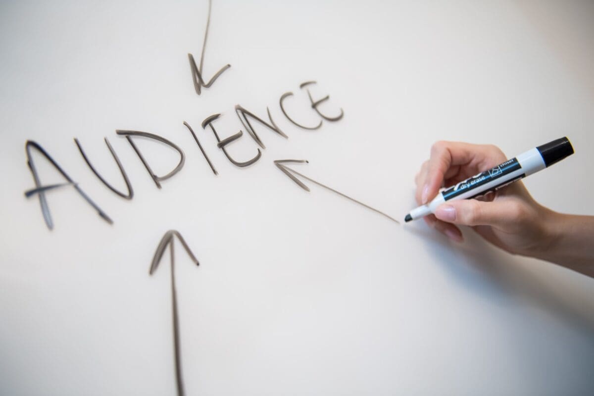 three arrows pointing towards the word audience written on a white board