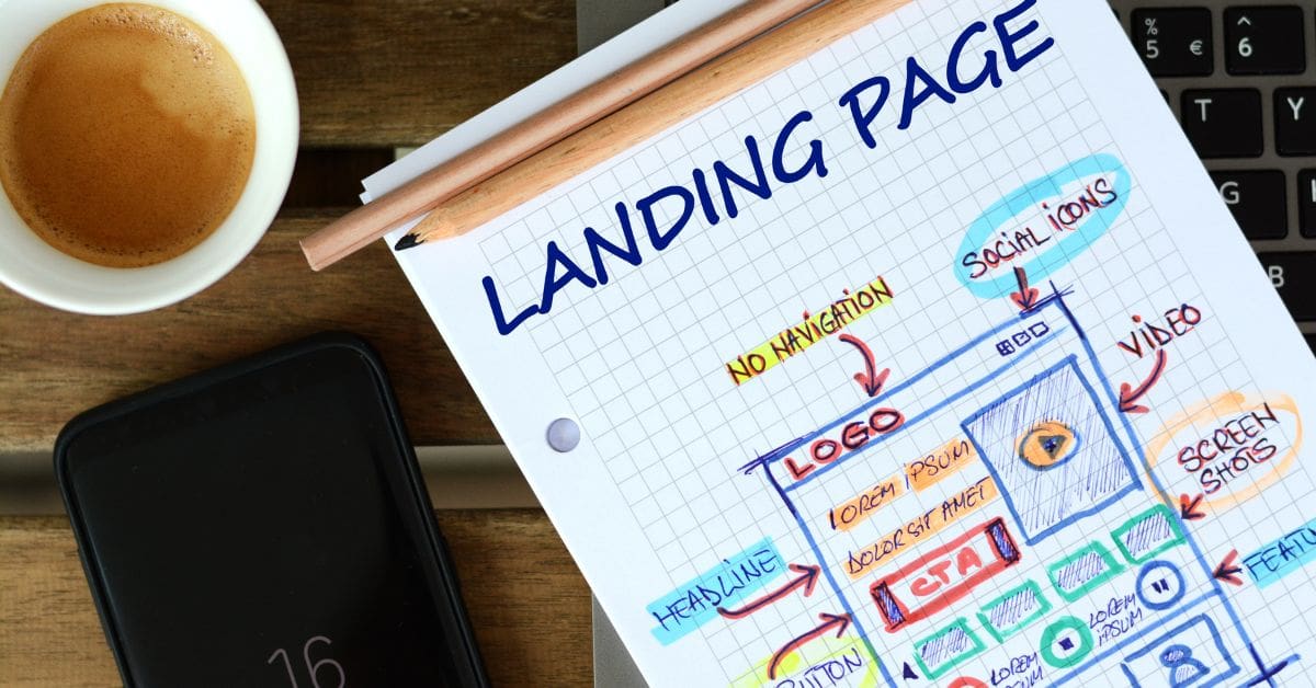 design elements of a landing page written on a notepad