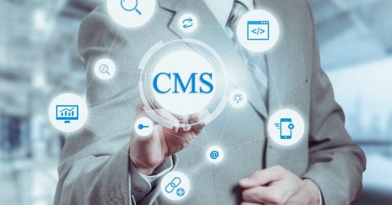 a person clicking the hologram with the words CMS on it that opens up other martech elements