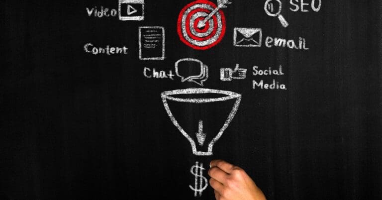 Hand drawing SEO funnel on blackboard with social media icons.