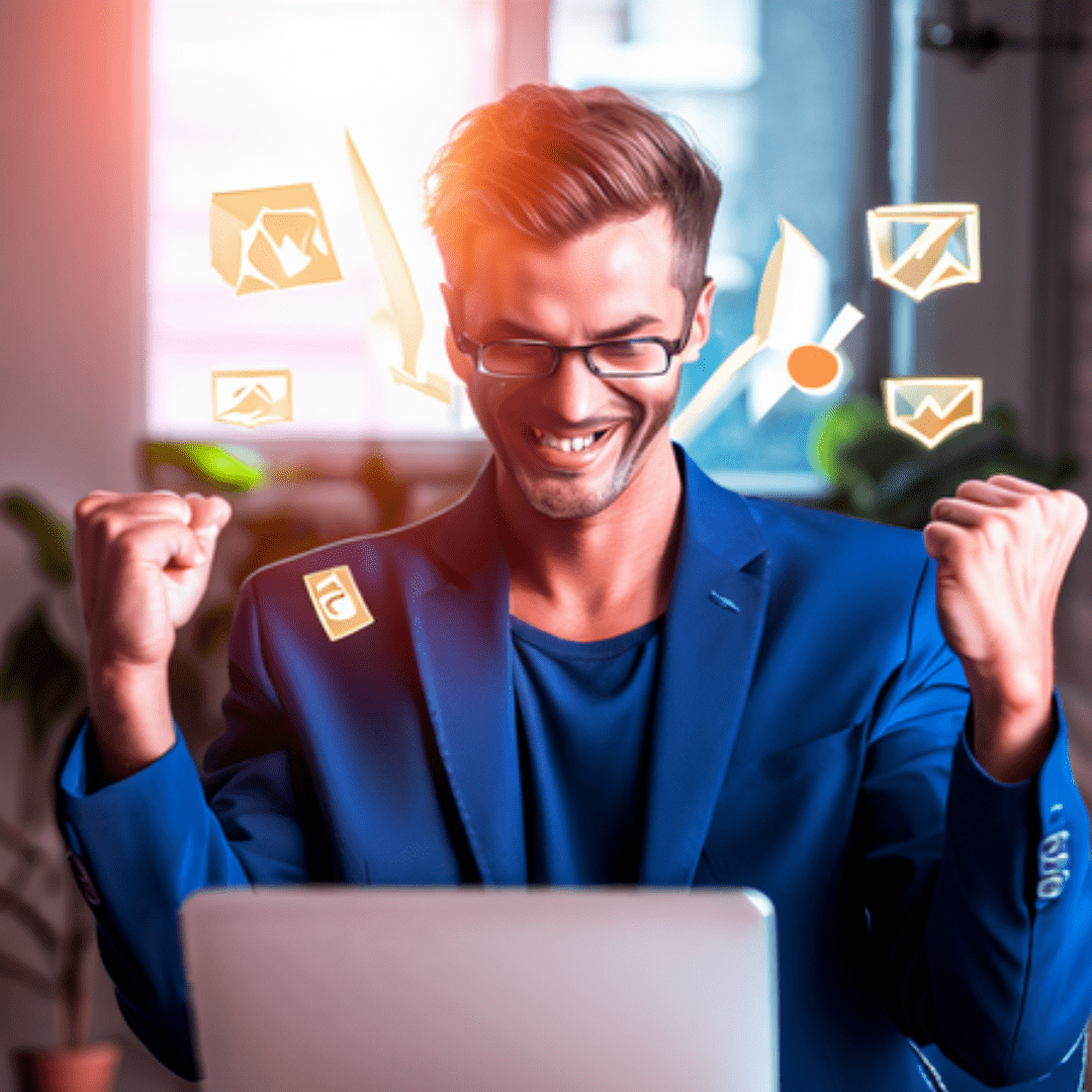 a man looking at his laptop in joy with images of performance marketing elements around him