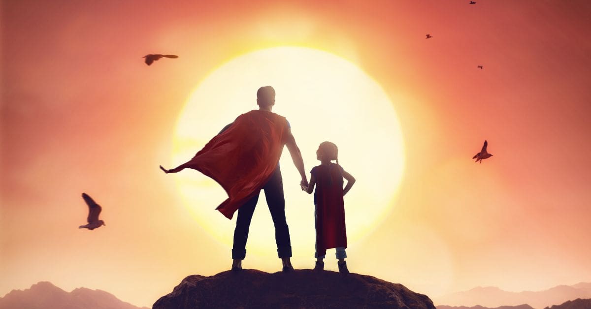 a child looking up to a person wearing a hero like cape, both standing on a clifftop facing the setting sun