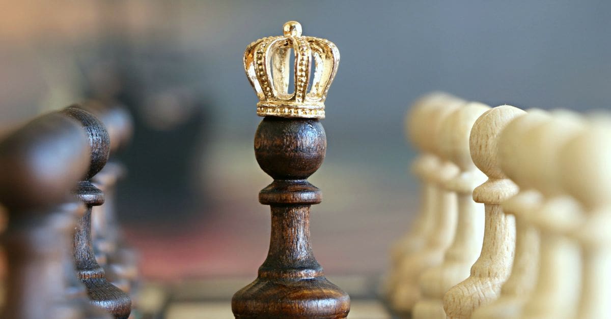 a chess board with multiple black and white pawns, and one black pawn in the centre with a crown on top
