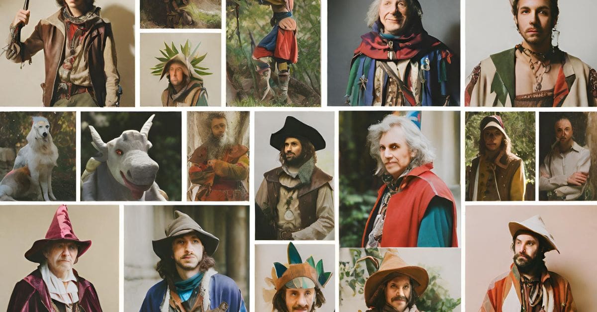 a collage of a variety of medieval stage actors, representing various brand archetypes