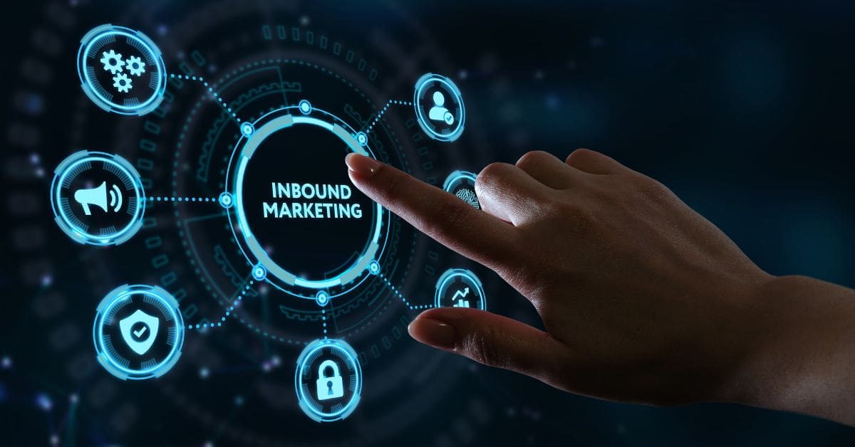 inbound marketing in the centre and different spokes indicating types of inbound marketing methods, with a finger pointing at it
