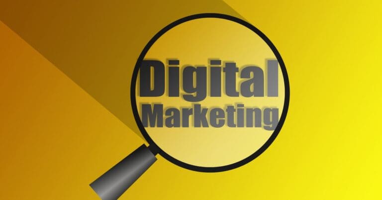 the words digital marketing written on a yellow background with a magnifying glass over it