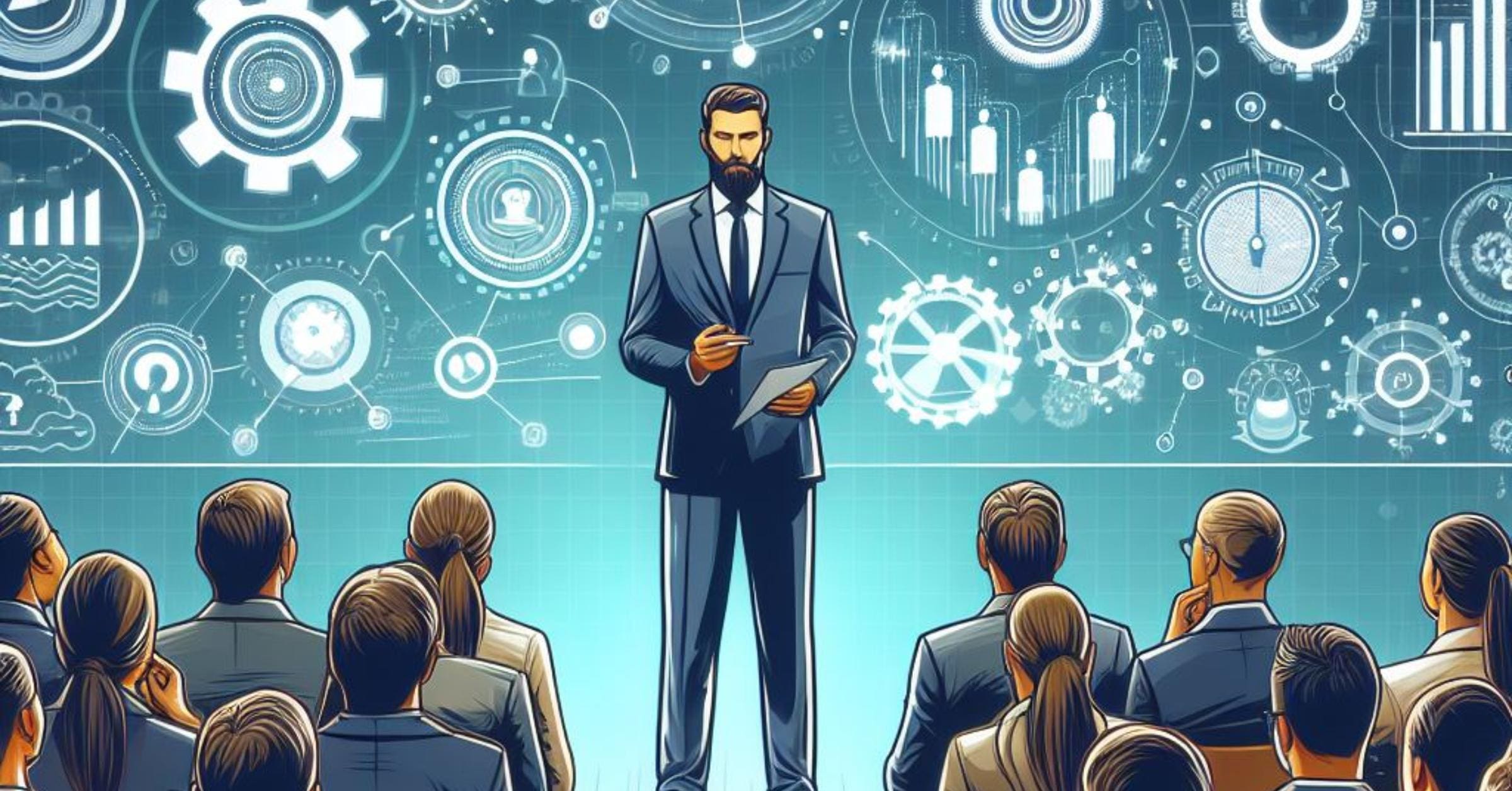 A thought-provoking image of a B2B marketer or leader presenting key insights and takeaways to their team, with a focus on their engaging presentation style and the attentive reactions of the audience.