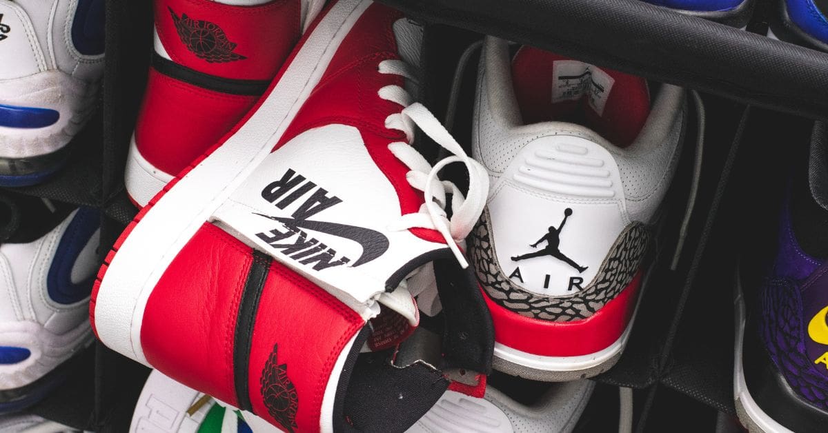 an image of nike air jordans displayed in a shoe rack