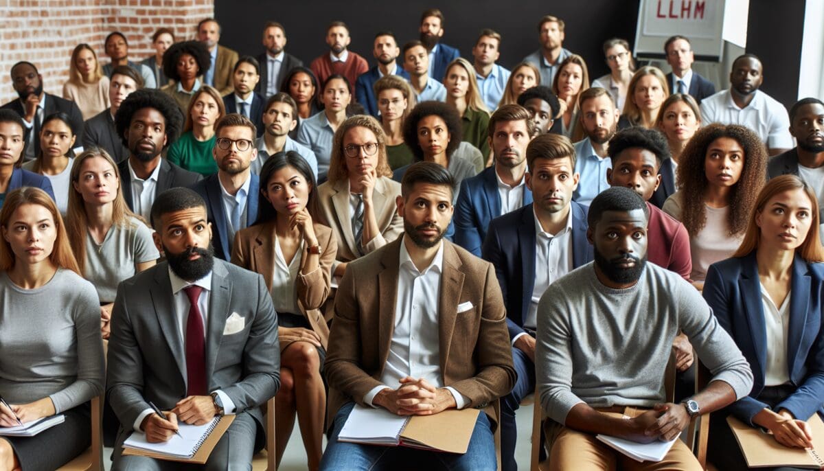 A group of small business owners attending an Large Language Model training workshop, looking engaged and motivated