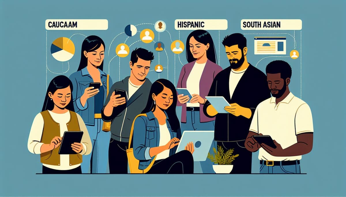 A diverse group of people interacting with personalized digital content on various devices like smartphones, tablets, and laptops, showcasing the power of marketing automation in delivering personalized experiences at scale