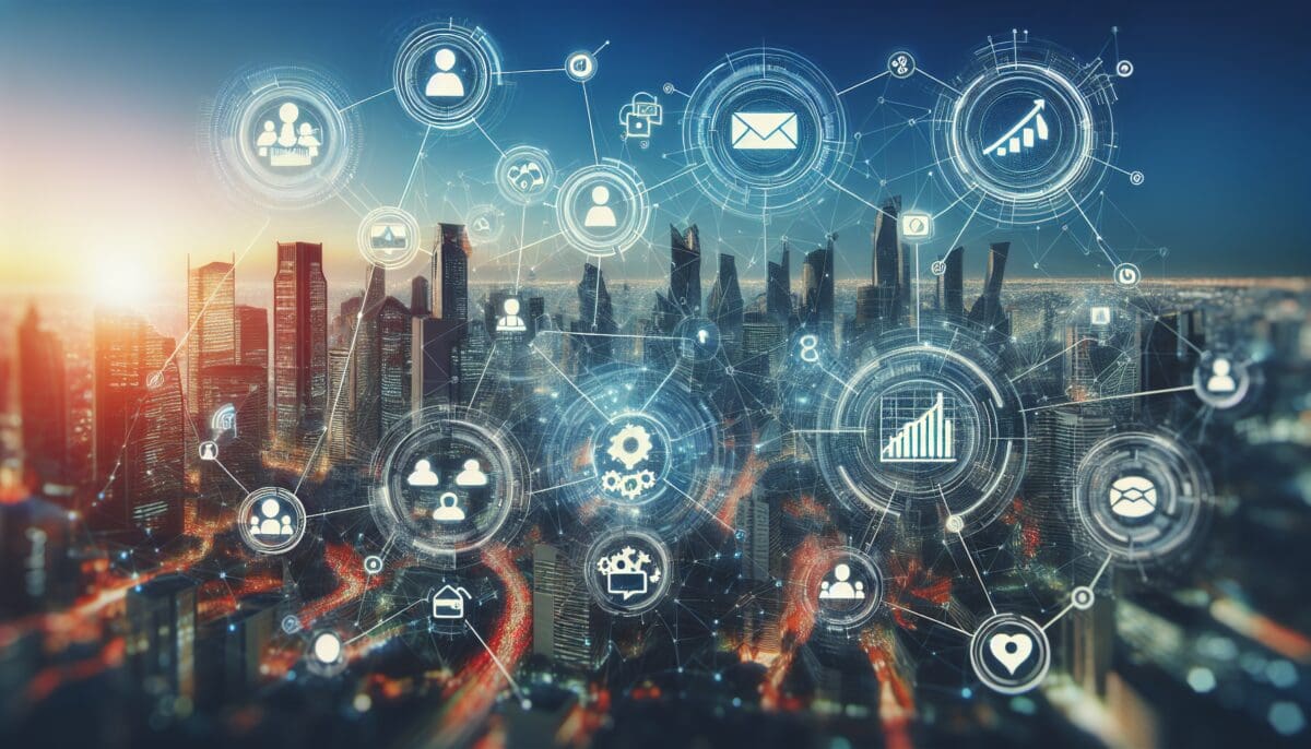 A futuristic cityscape with interconnected digital networks and icons representing various marketing channels like email, social media, and analytics, symbolizing the integration and automation of marketing processes