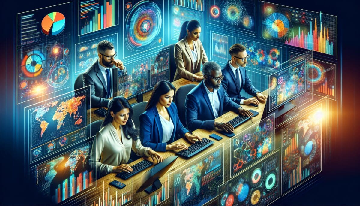 A vibrant image of a business team analyzing data on multiple computer screens, showcasing graphs, charts, and metrics
