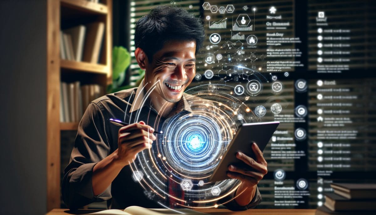 A small business owner smiling while working with a no-code platform on their tablet, alongside visual representations of marketing data and AI-driven insights.
