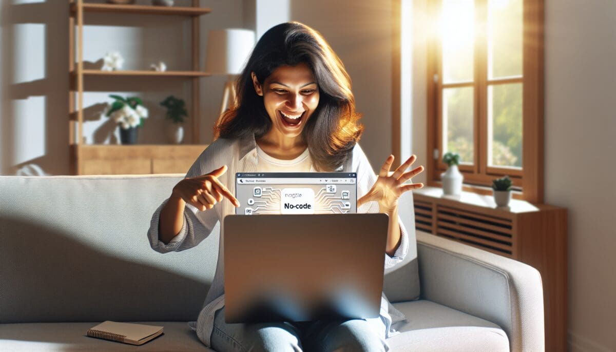 Small business owner exploring no-code platform on a laptop, representing the ease and accessibility of no-code solutions