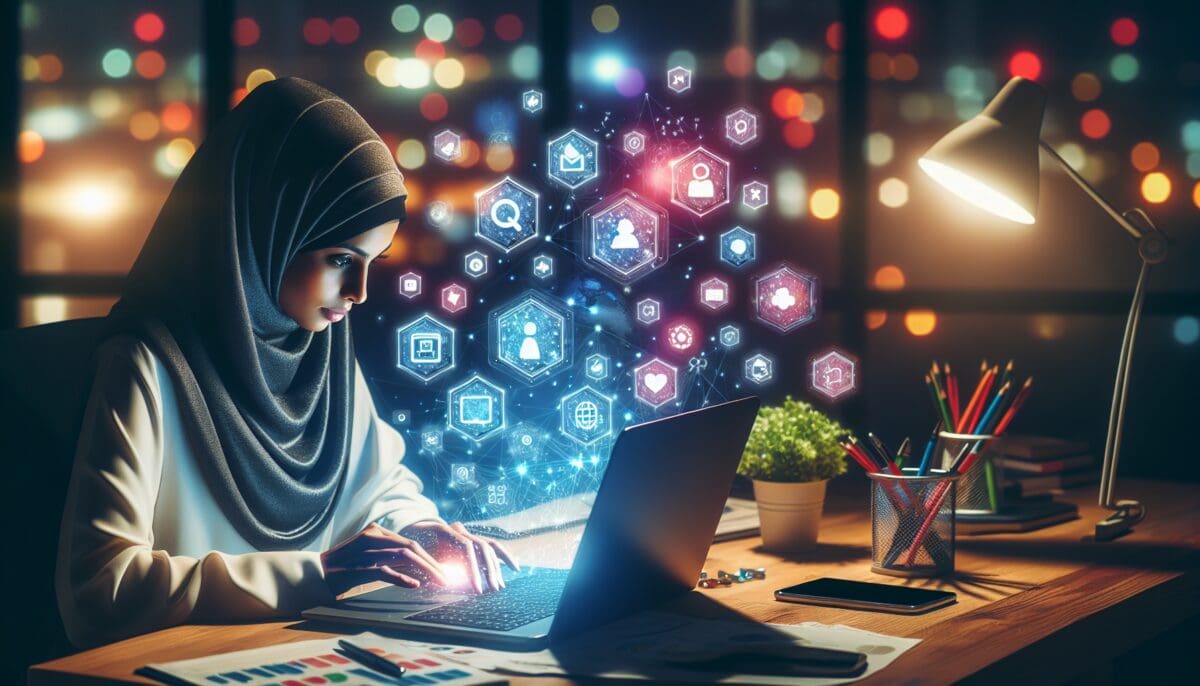 a small business owner using a no-code platform on a laptop, surrounded by various app icons and diagrams suggesting easy app development