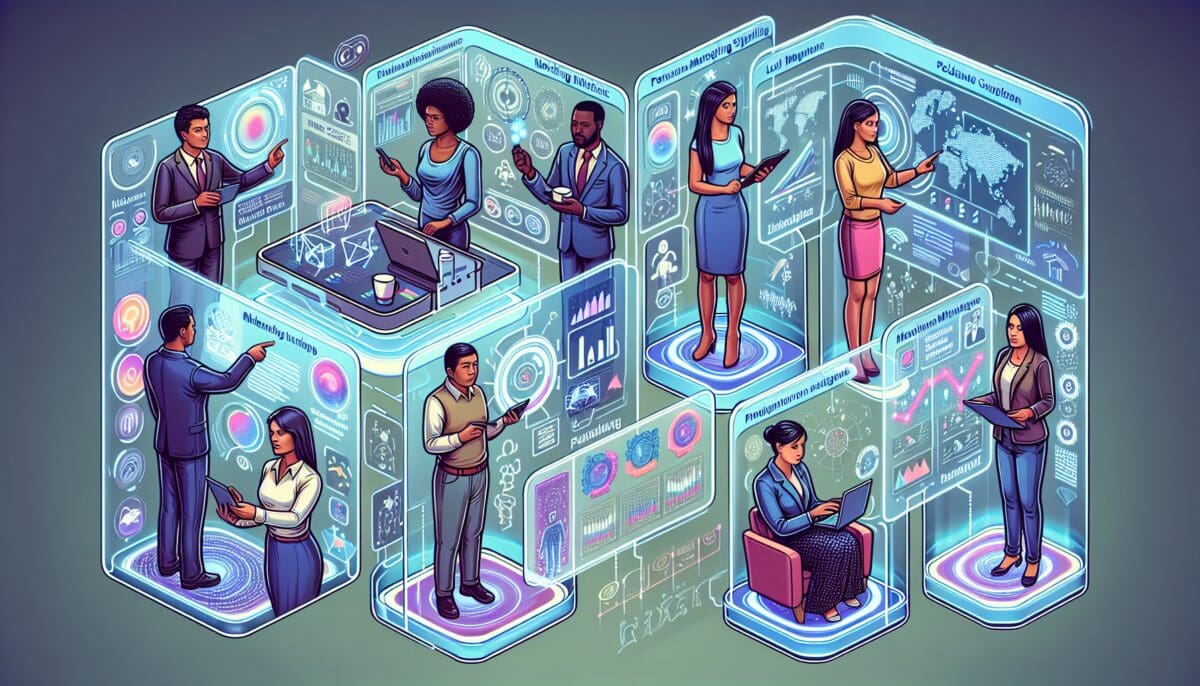 A futuristic illustration of small business owners interacting with AI-powered tools for personalized marketing