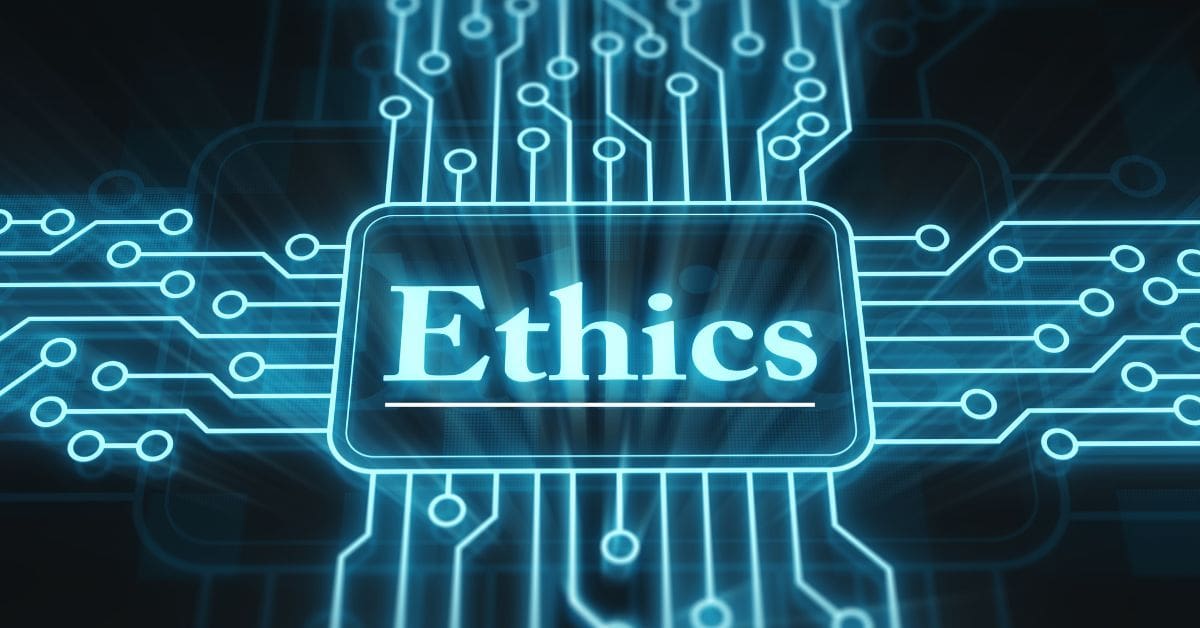 3d rendering of the word ethics on a circuit board