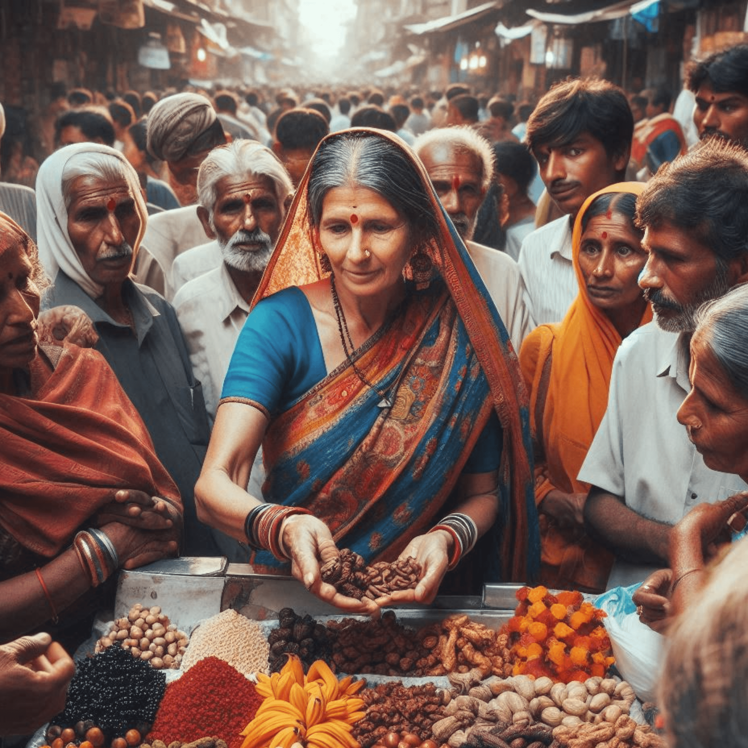 an Indian woman seller getting lots of customers in a crowded market, representing brand standing out from competition