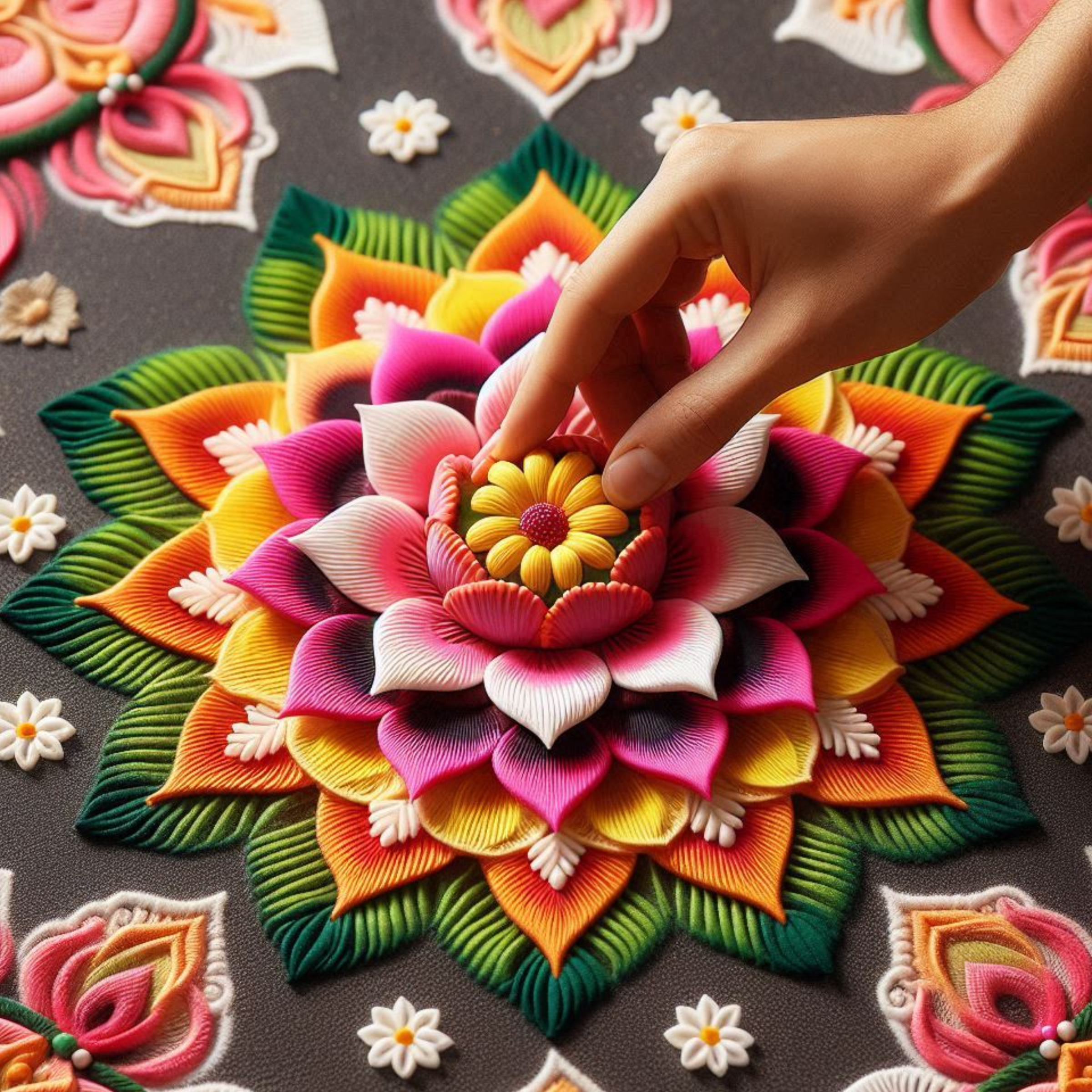 a hand adding the last piece of an intricate and symmetrical decoration, like a rangoli representing brand consistency with finesse