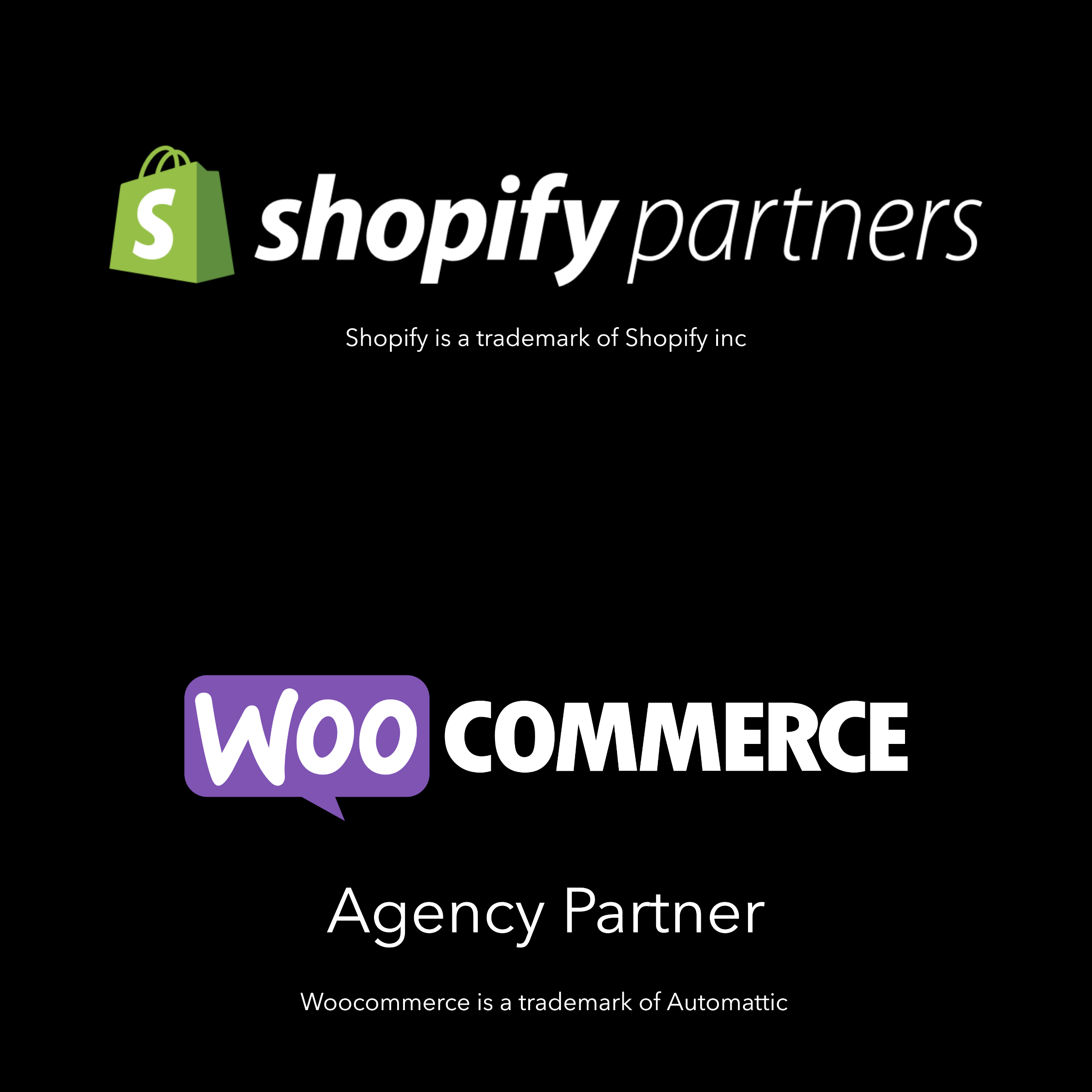 logos of shopify partners and woocommerce. groSamriddhi is a shopify partner and woo (automattic) agency partner, the two leading ecommerce stacks
