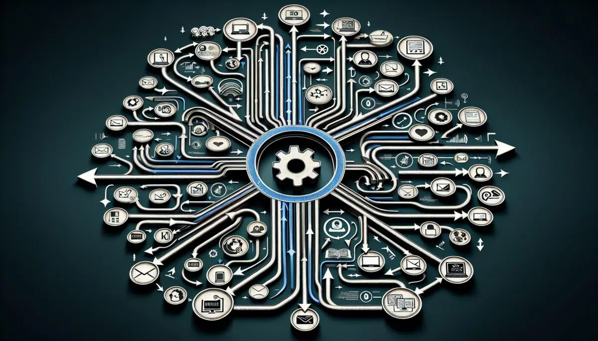 A dynamic flowchart showing various marketing channels converging into a central automation hub, with arrows indicating data flow and customer interactions across touchpoints.