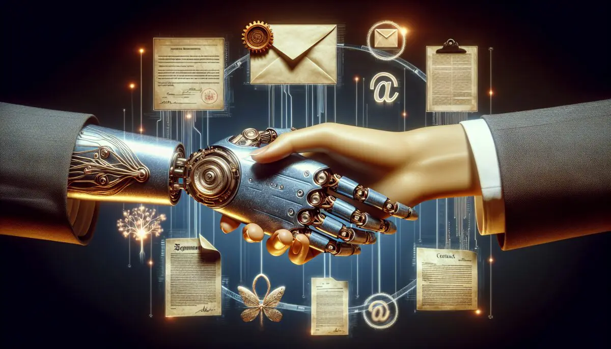 Illustration of a robot hand shaking a human hand with legal documents and email icons in the background, symbolizing the balance between automation and compliance in marketing communications