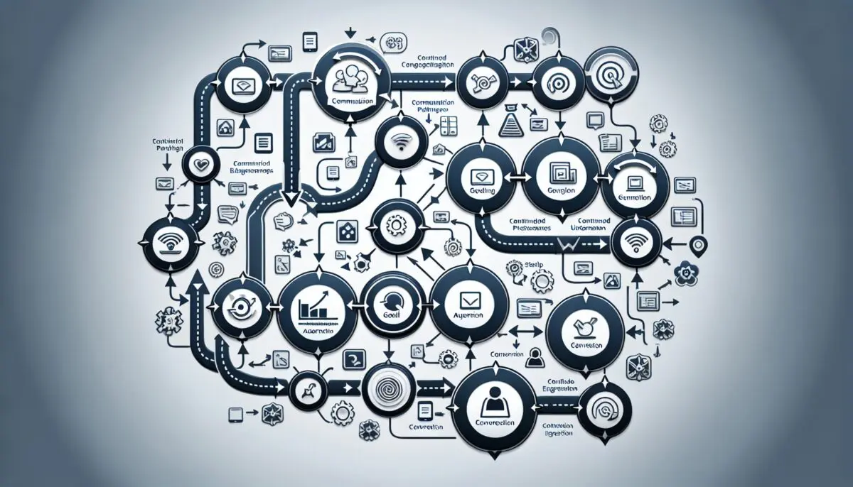 A visual representation of a lead nurturing workflow with interconnected steps and automation symbols, showing the journey from initial contact to conversion