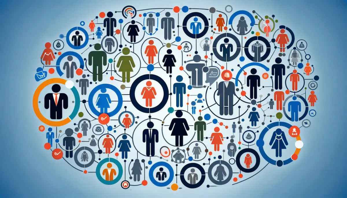 Data-driven customer segmentation visualization showing diverse customer groups connected to personalized marketing automation workflows