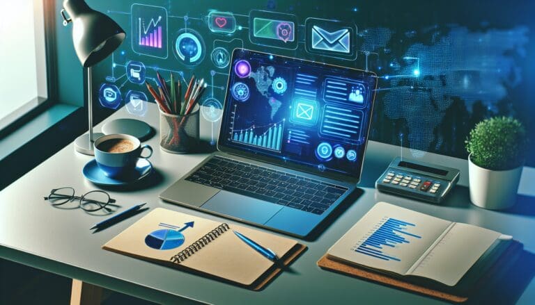 A modern office desk with a laptop displaying a personalized email template, surrounded by data charts and AI icons, symbolizing the evolution of cold emailing for SMBs in 2024